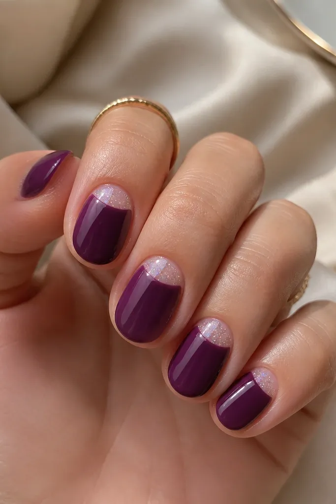 Short oval nails painted deep grape purple with a clean half-moon near the cuticle left sheer; fine holographic glitter dust sits inside the half-moon area only, with glossy clear topcoat.
