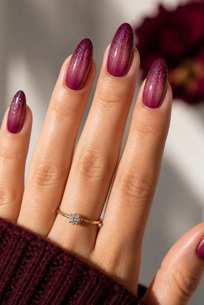 Medium almond nails with plum wine polish that fades lighter toward the center; glitter drifts upward from the tip into the mid-nail, leaving the base area mostly smooth and shiny.