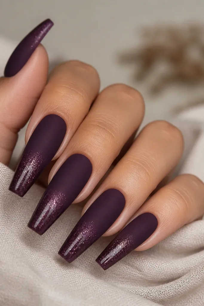 Long coffin nails painted aubergine with a soft velvety matte look; only the last third has a micro-glitter top cap that turns glossy at the tip.