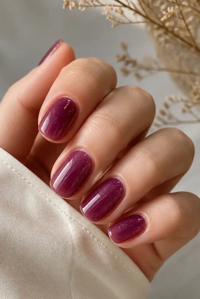 Short squoval nails painted berry jelly purple that looks translucent; sparse floating glitter specks are scattered through the middle and fade toward the tips.