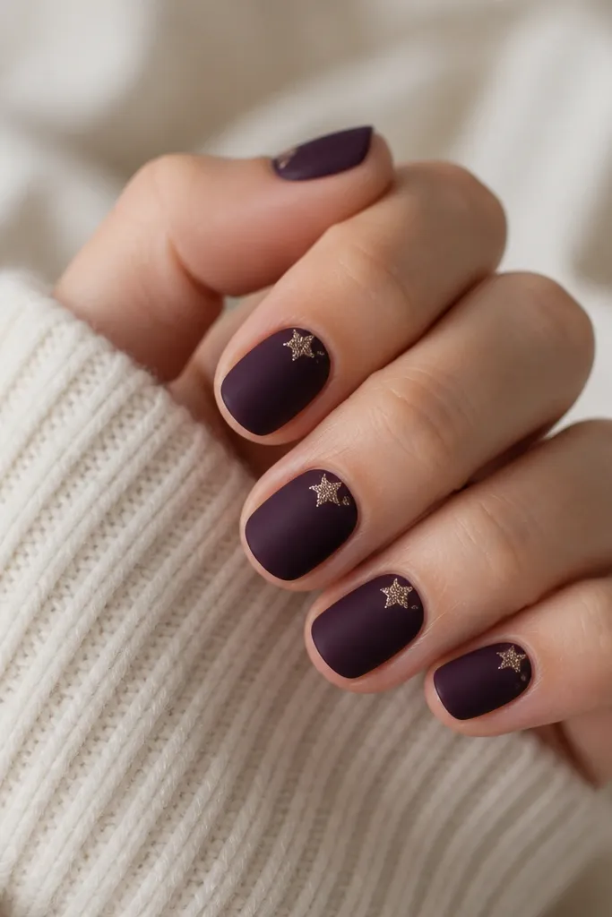 Short rounded nails in very dark purple matte; each nail has a tiny star-shaped glitter cluster in one upper corner near the free edge, glossy only on the glitter area.