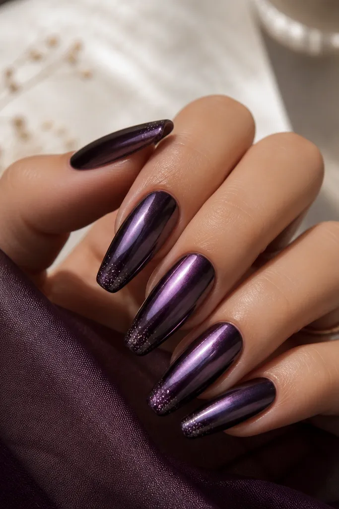 Coffin nails with dark purple base; a plum-toned chrome powder is buffed over most of the nail for a metallic sheen, with a small glittery highlight near the tip.