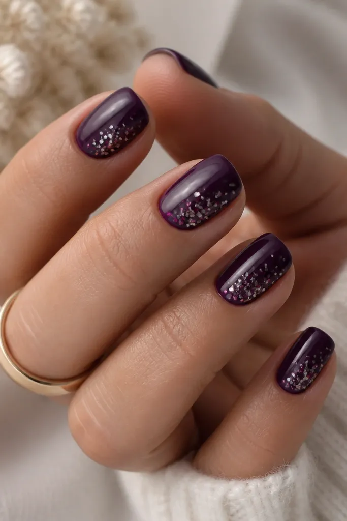Short squoval nails in dark purple; tips have scattered confetti glitter pieces in different sizes, leaving most of the nail smooth and glossy.