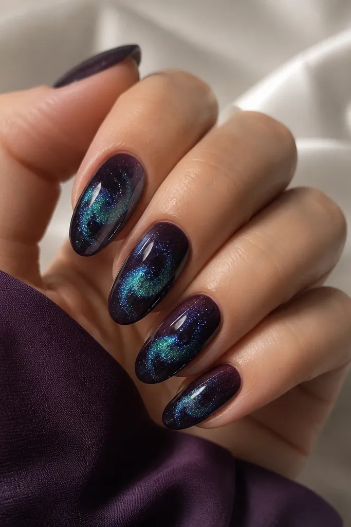 Medium almond nails painted black-purple jelly; an aurora-like glitter swirl in green-blue iridescence curls from mid-nail toward the tip, glossy finish.