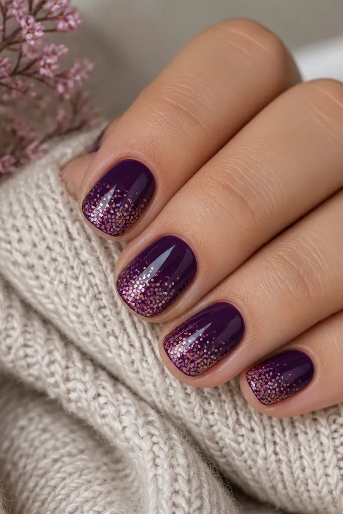 Short round nails with dark purple base; tiny confetti dots fade from dense at the tip to sparse near the center; glossy finish over dots.