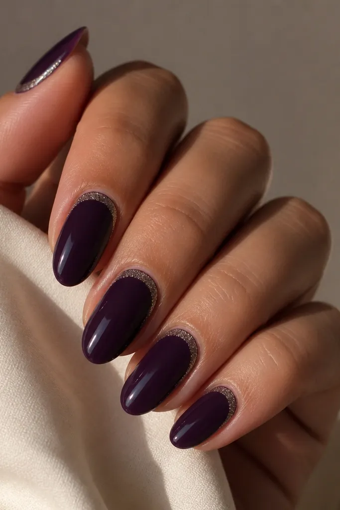 Medium almond nails in dark purple; a thin glitter ring sits around the cuticle like a halo, leaving the center smooth and glossy.