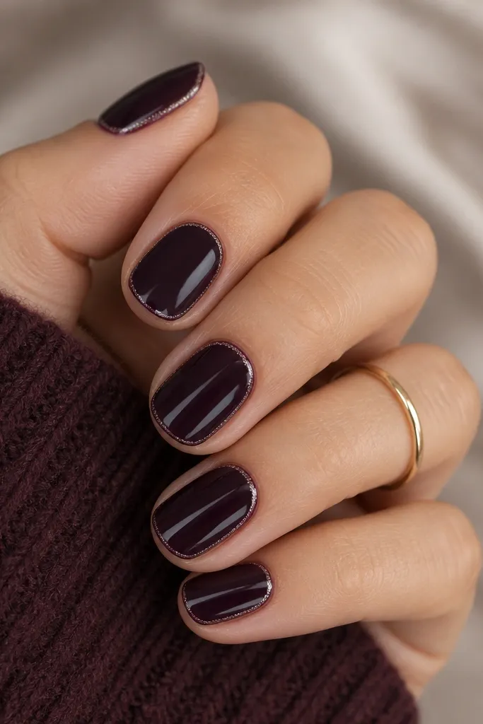Round nails in plum noir with a thin glitter outline around the perimeter of each nail, like a sticker edge; center stays solid and glossy.