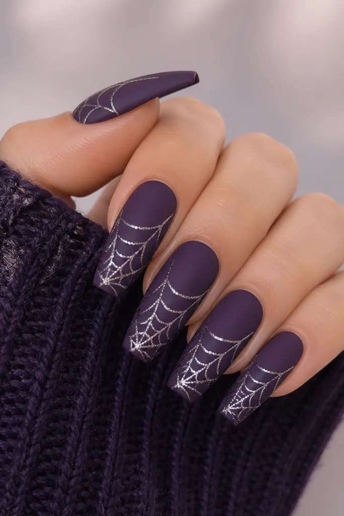 Medium coffin nails with a matte deep purple ink finish. Thin lines form a web pattern from the center diagonally to the sides, drawn in glossy silver glitter gel. The web lines look slightly raised and catch light while the rest of the nail stays fully matte.