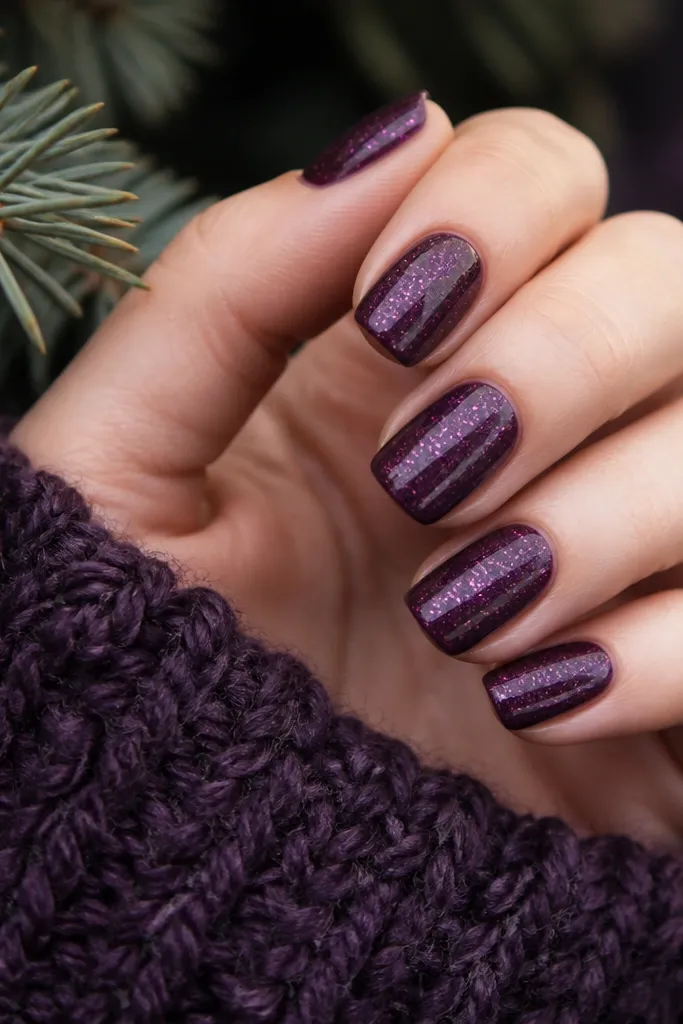 25 seasonal_evergreen Dark Purple Nails With Glitter