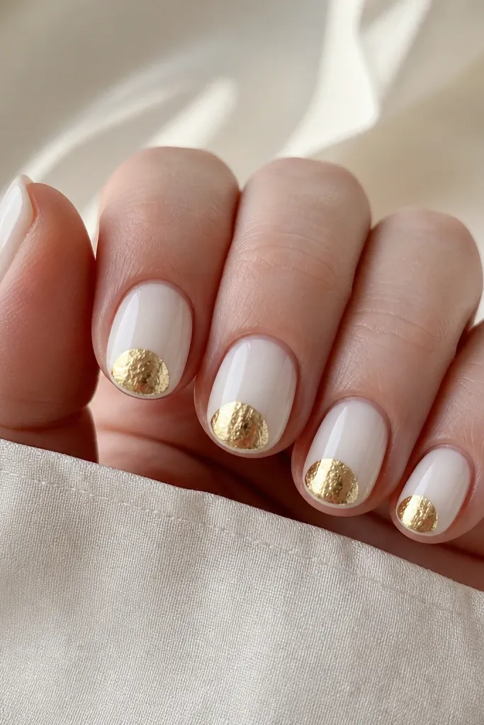 Five short rounded nails painted glossy glazed white. The bottom half of each nail has a sharp gold foil half-moon starting at the cuticle and stopping before mid-nail. The gold looks crinkled and reflective, with a clean white border.