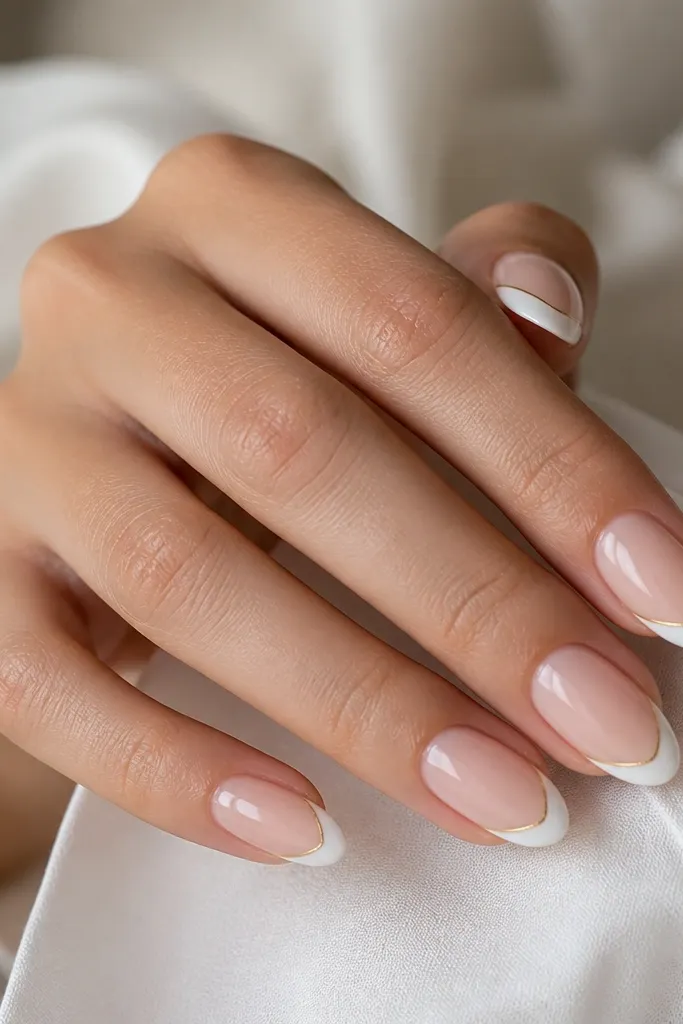 Medium almond nails with a classic French tip in opaque bright white. Inside the white tip, there are one or two hair-thin gold lines running parallel to the smile line. The rest of the nail is sheer nude-pink with a glossy finish.