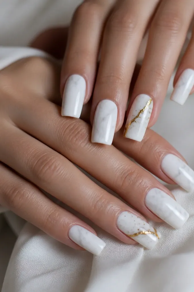 Long square nails painted milky white marble. On two accent nails, a single gold vein runs diagonally like broken metal, with tiny gold flecks around it. Other nails have subtle gray-white veining but no gold.