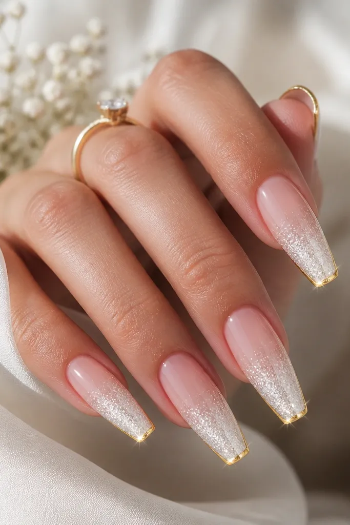 Coffin nails with a white glitter gradient that is strongest at the tips and fades toward the cuticle. Along the very edge of the glitter tip is a thin gold outline that glows under the light.