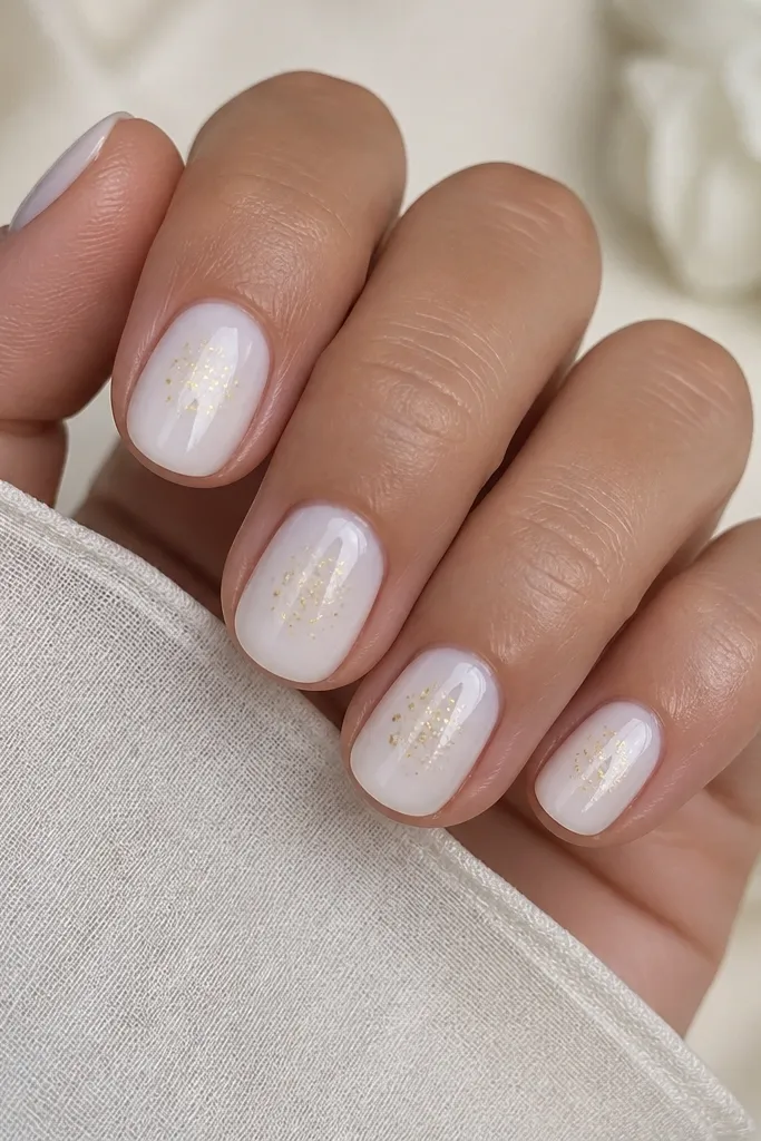 Short rounded nails coated in glossy glassy white. Inside the white, tiny gold confetti pieces float under the surface, visible especially near the center of each nail.