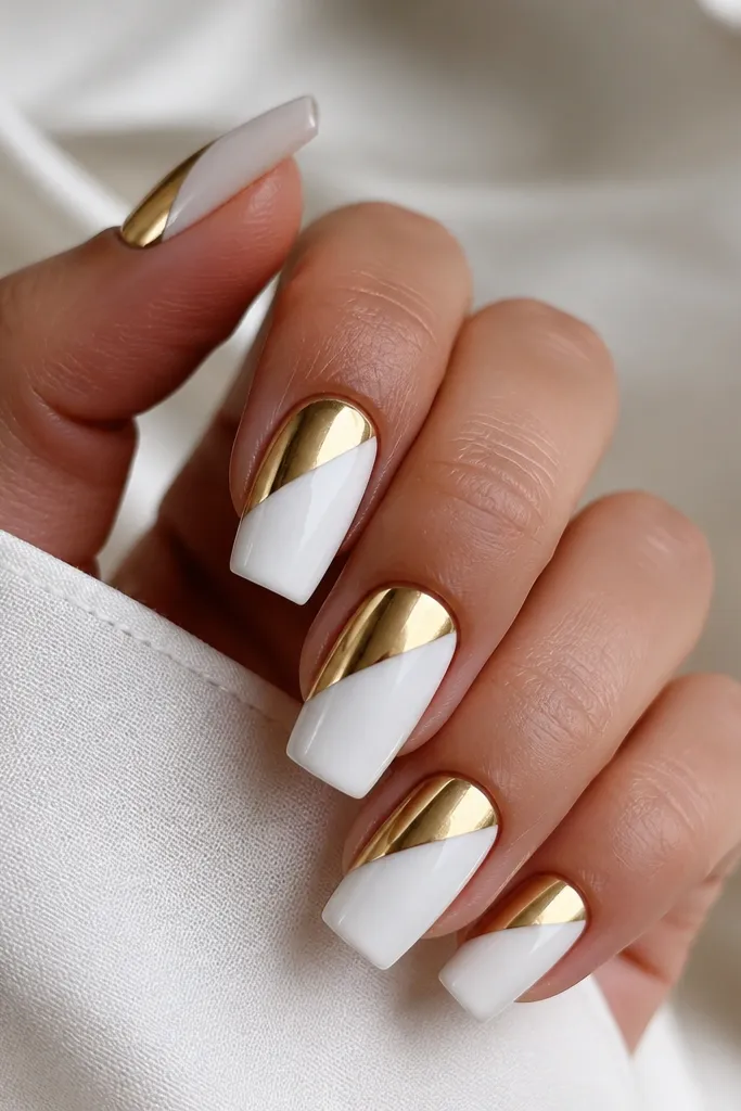 Square nails split diagonally: the left side near the cuticle is gold chrome, and the rest is opaque white. The gold is mirror-like with a sharp division line.