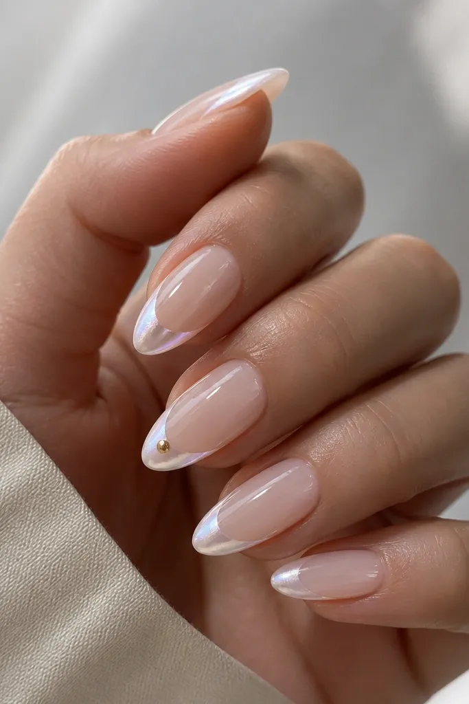 Almond nails with a translucent nude base. The tips are coated in pearly white that shifts slightly with light. On two nails, there are tiny gold studs placed at the center of the tip.