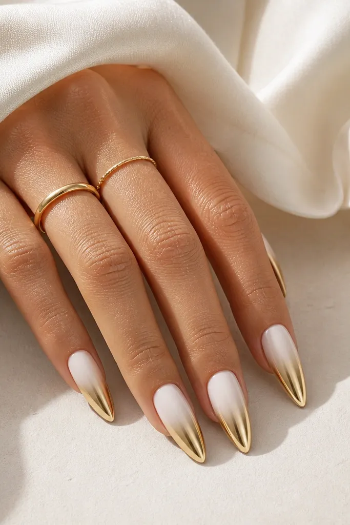 Long almond nails with a white ombré that fades downward into gold chrome tips. The transition is smooth, and the gold is mirror-like at the very ends.