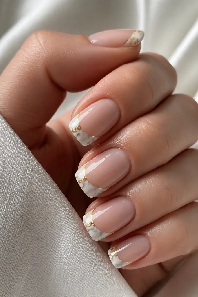 Short-to-medium nails with a French tip, but the white tip is marble with soft gray swirls. In one corner of the tip, there is a small gold foil patch. Glossy finish.