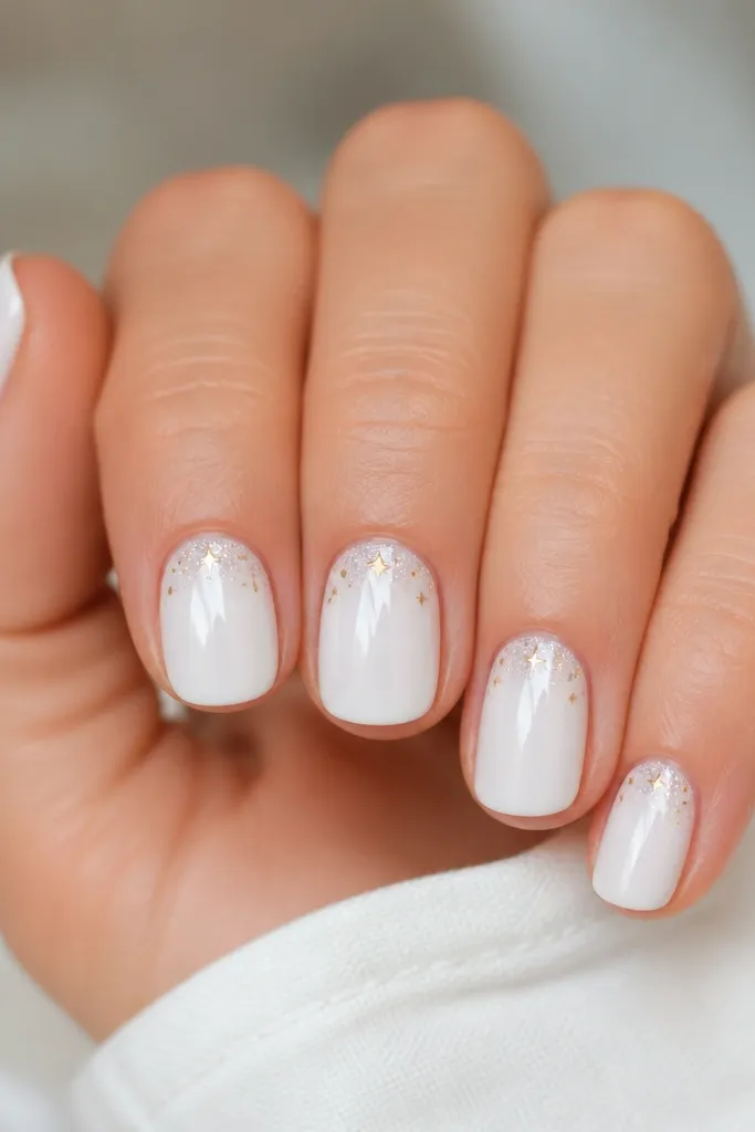 Short rounded nails with glossy white base. A thin halo of fine white glitter sits around the cuticle in a crescent shape. Tiny gold micro star dots are scattered just above the halo.