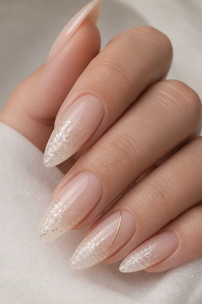 Long almond nails with a translucent base. The tips have white confetti glitter (small mixed shapes) fading upward. One nail has a thin gold thread line running from mid-nail to the tip.