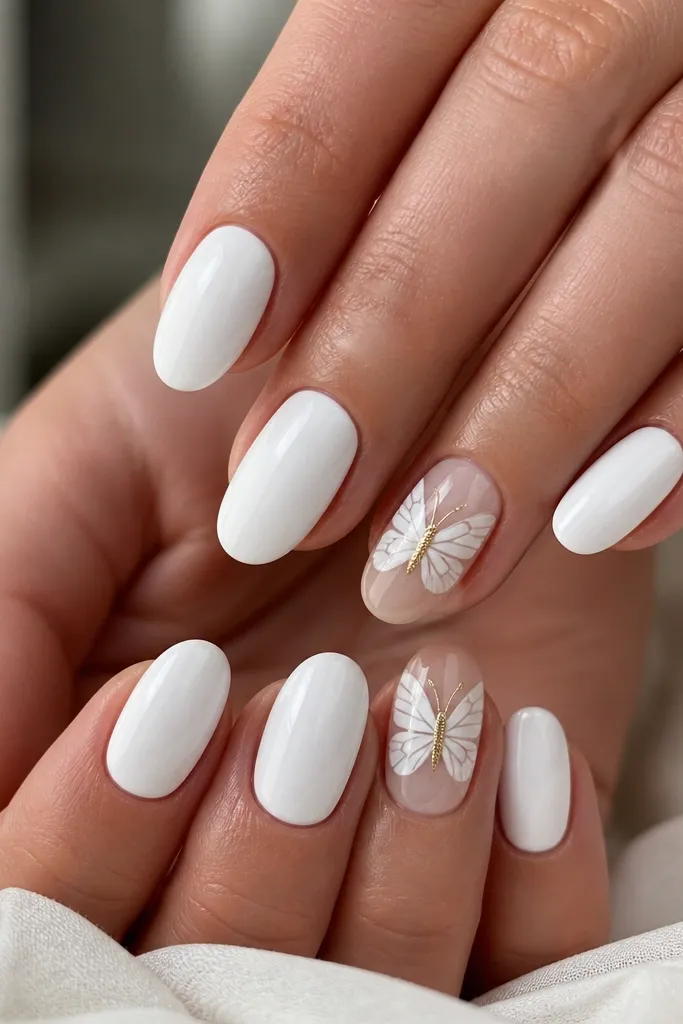 Medium oval nails in glossy white. On two accent nails, butterfly wings are painted in white with translucent edges, and the body is gold foil. The wings sit across the center of the nail.