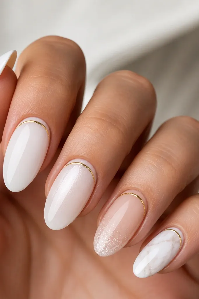 Five nails with different white moods: one is solid glossy white, one is milky white, one is pearl white, one is white glitter tips, and one is white marble. Each nail has a single thin gold accent line near the cuticle.