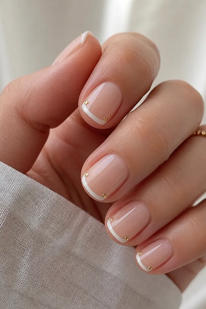 Short square nails with a mini French tip in glossy white. At each side corner of the tip there is a tiny gold dot, like two studs per nail. Clear glossy top coat.