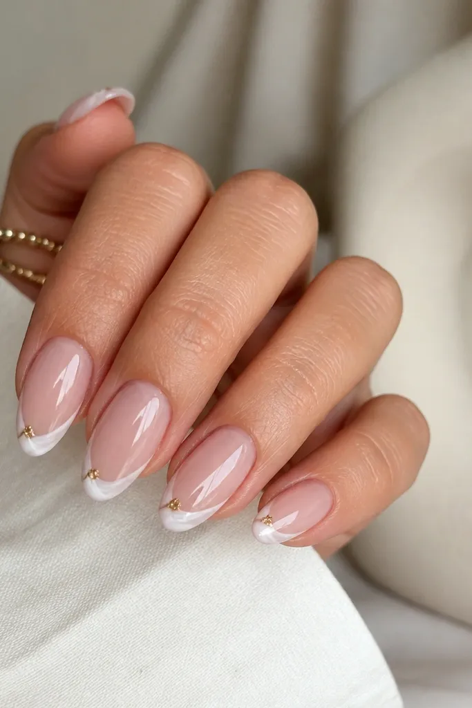 Medium almond nails with sheer nude base. The French tips are white but swirled - like a marbled French edge. At one corner of each tip there's a small gold spark, either a tiny foil triangle or gold dot cluster.