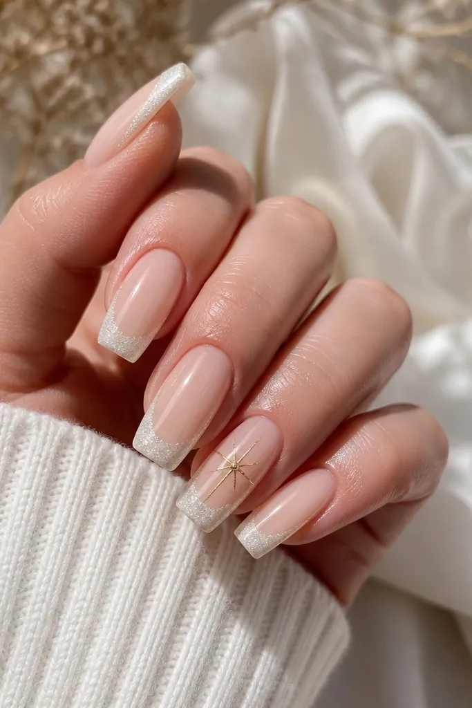 Coffin nails with a translucent nude base. Around the tip edge there's a white glitter halo that wraps the smile line. One accent nail has a gold starburst drawn in lines at the center of the nail.