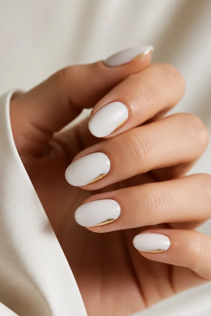 Short almond nails with a soft matte velvet-look white finish. On each nail, there's a small gold foil corner cut near the sidewall and tip. The gold is glossy and reflective against the matte white.
