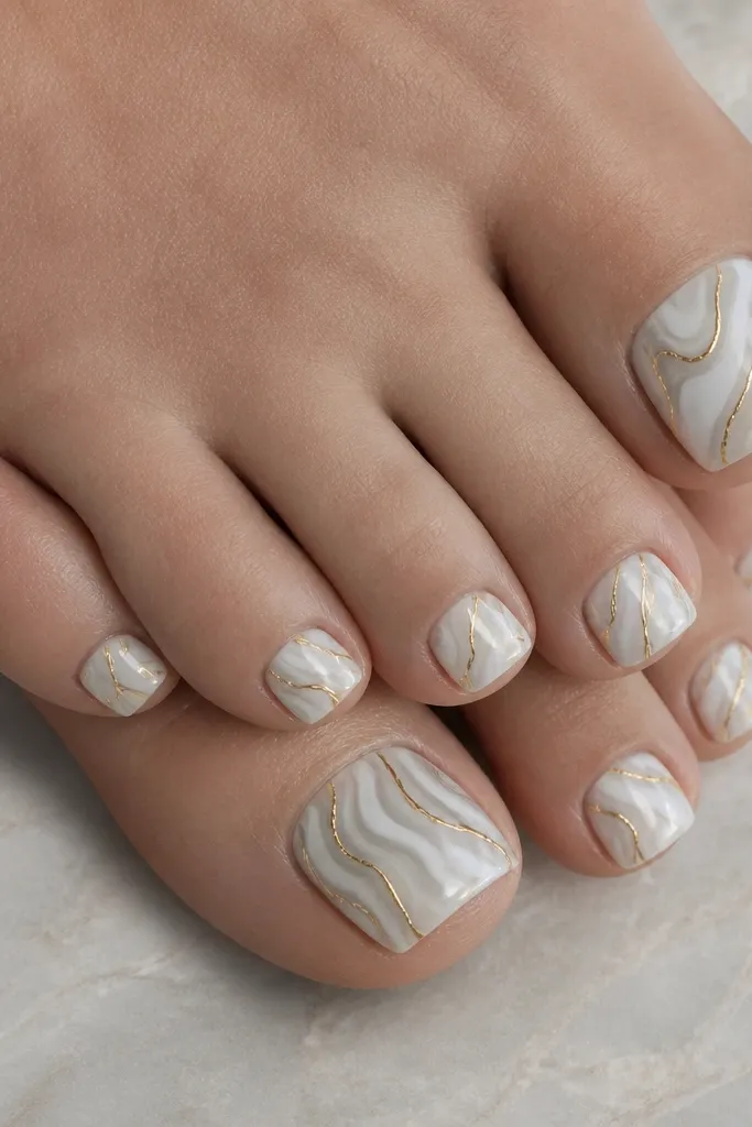 White marble swirls cover each toenail with thin grey-white movement; gold line art traces the swirl paths, glossy and smooth.