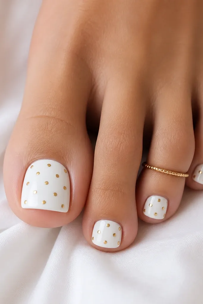 White base with small evenly spaced white dots? Actually visible gold small caps on top of white dots across several toenails, glossy.