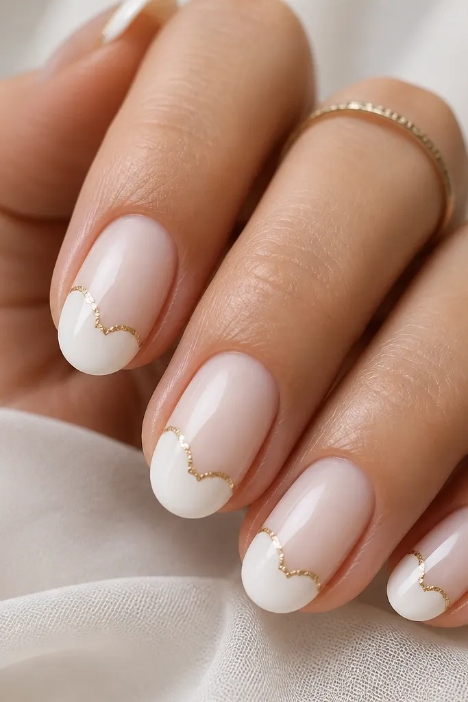 A glossy white base with rounded cloud-like French tips; a thin gold micro glitter line traces the curve, subtle and sparkly.