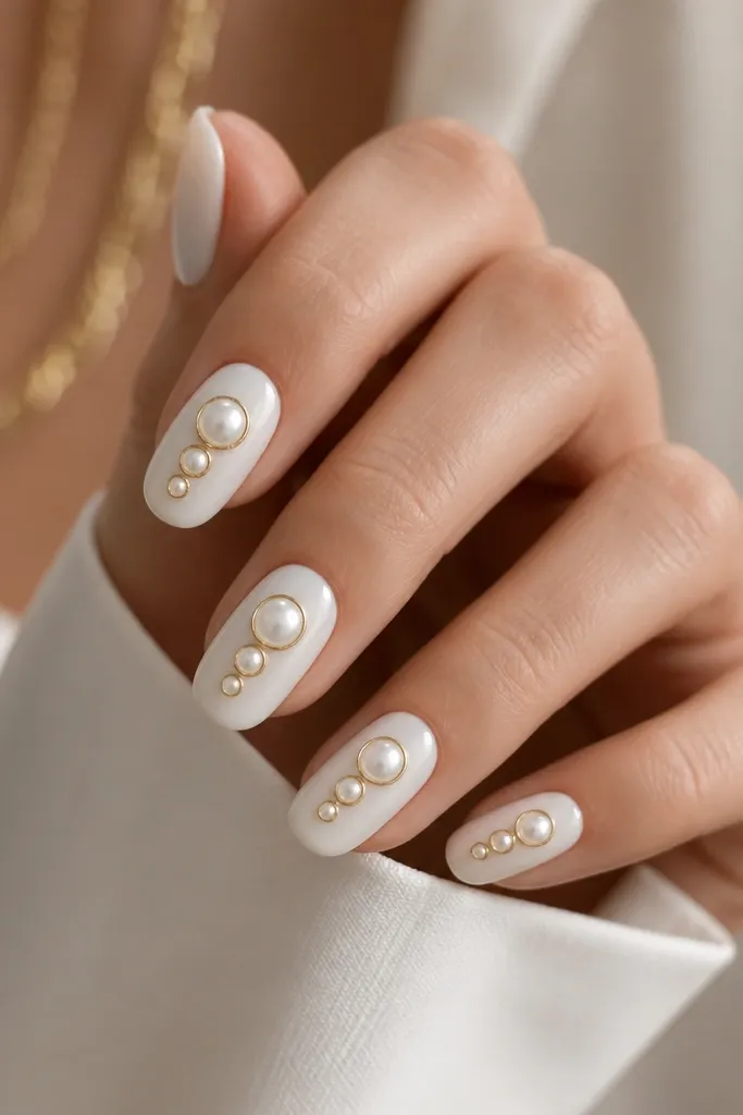 White nails with two or three raised-looking beads along the center line; each bead area has a thin gold outline, glossy.