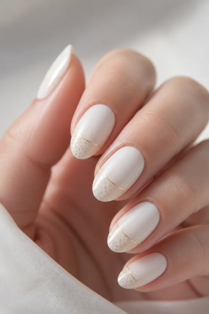 White base with a subtle dot grid pattern near the tip; thin gold lines create a small glint across the grid, glossy.