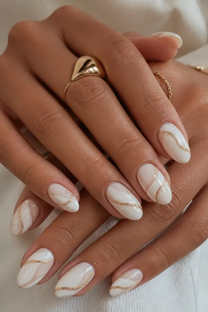White nails with thin swirl cutout lines that look like negative space; gold thread-like lines trace parts of the swirls, glossy.