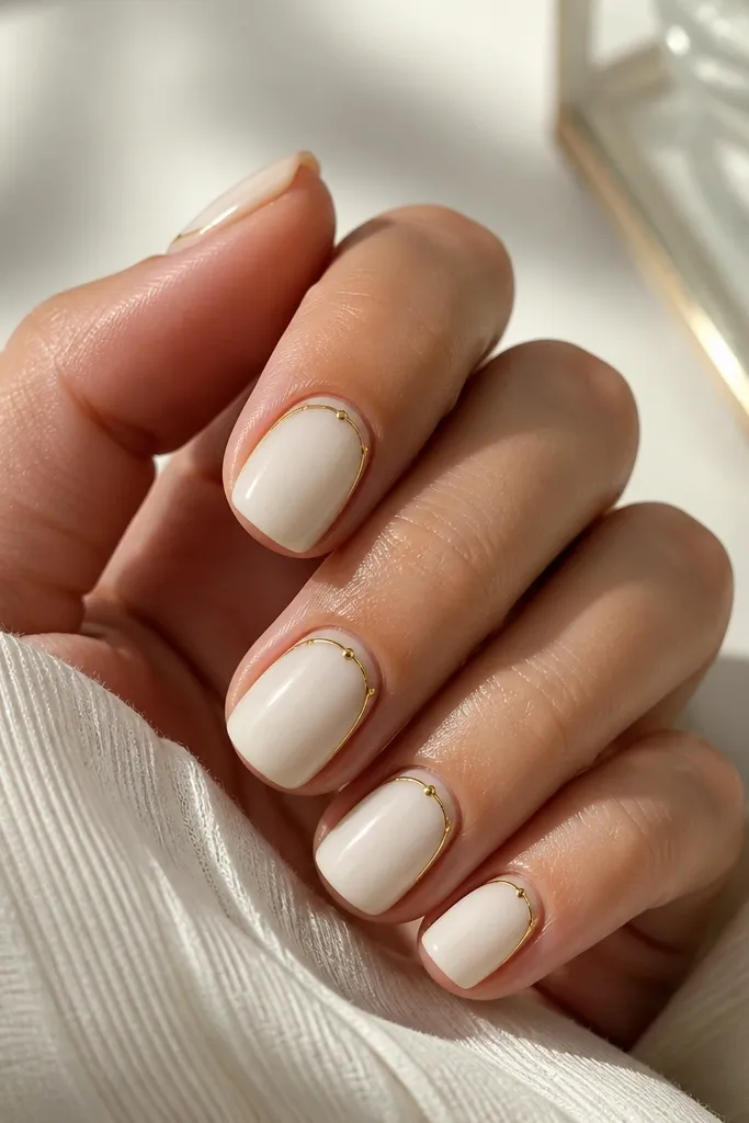 White nails with a thin gold frame around the cuticle area and tiny gold micro studs placed at the corners; glossy finish.