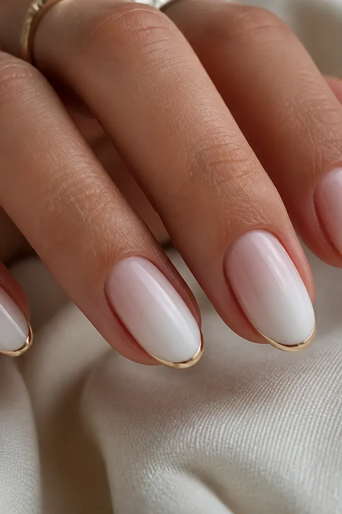 A white ombré fades from sheer near the cuticle to solid white at the tip; a thin gold halo line sits right on the tip edge, glossy.