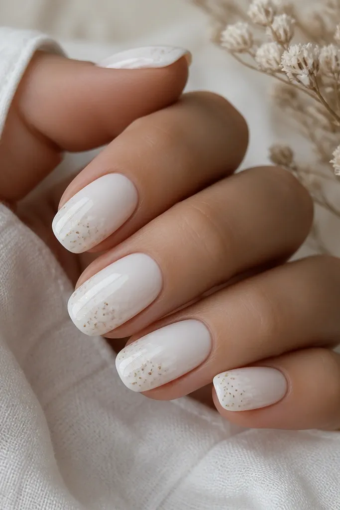 White nails with soft watercolor-like fade near the tip; tiny warm gold speckles are scattered lightly, glossy and airy.