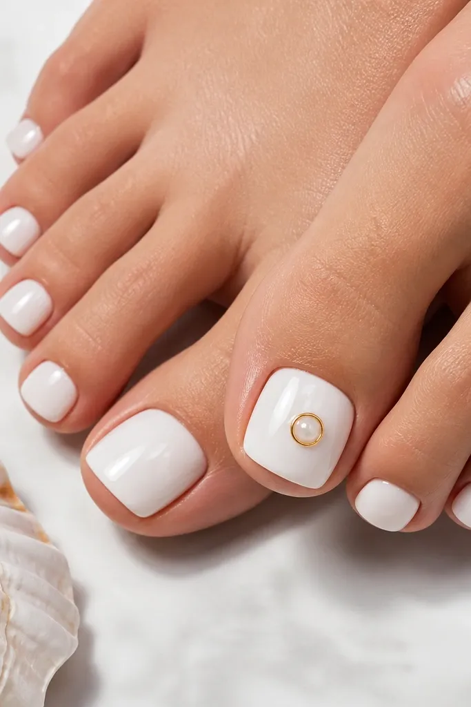 High-gloss white toenails with a subtle glazed look; the big toe has a thin gold ring around a small center spot, other toes plain white.