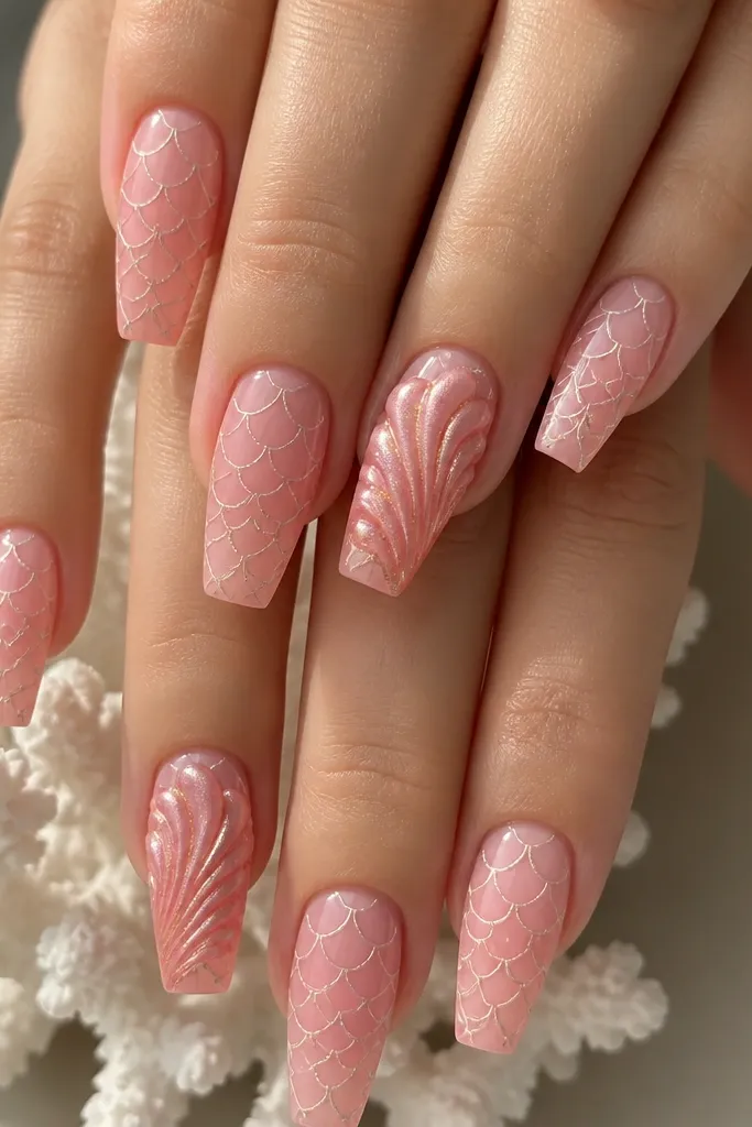 Medium coffin nails with a pink ombre background. The nails show tiny scale lines in glossy rose pink. Accent nails have 3D coral rose shells with soft gold glitter specks inside the shell curves.