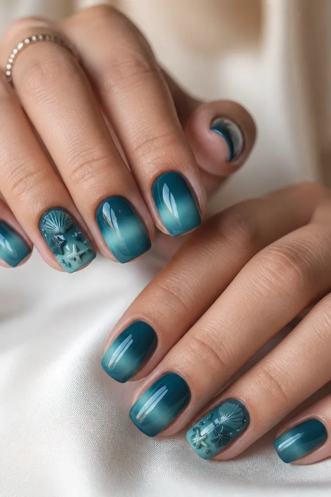 Short squoval nails painted deep teal with a lighter waterline fade across the middle. Accent nails have small raised seashells and tiny starfish charms in matching teal and seafoam, all under a glossy top.