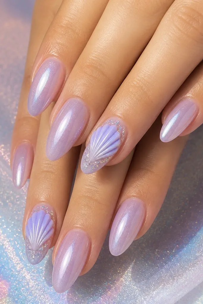 Almond nails in translucent lilac with a soft pearl glaze. Accent nails have raised lilac-white shells edged with tiny holographic flakes. The background includes a fine holographic dust that shifts pink and blue.