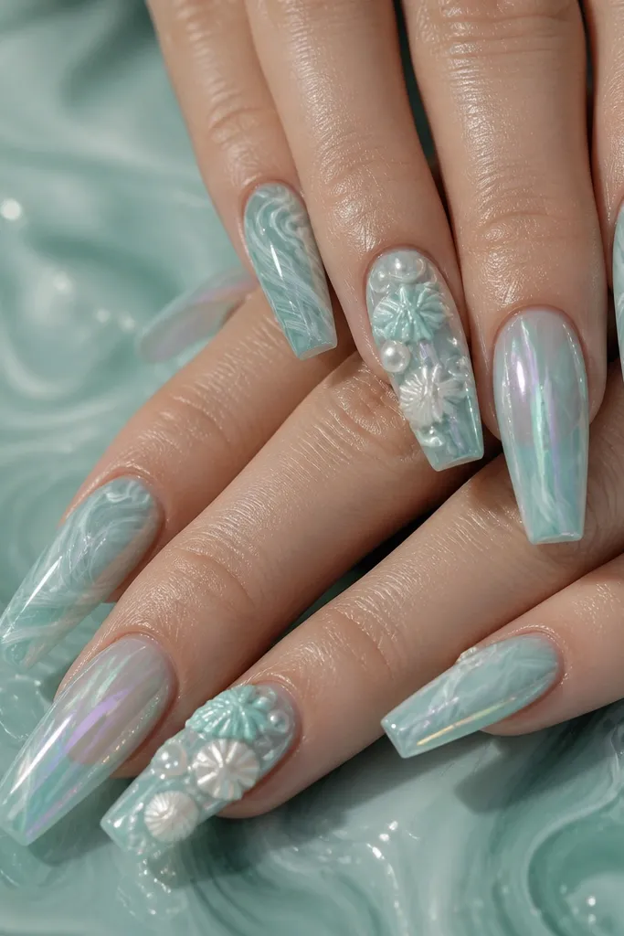 Coffin nails with a seafoam swirl background. Accent nails have 3D shells in pale white and seafoam, plus iridescent pearl chrome streaks that shift purple to green.