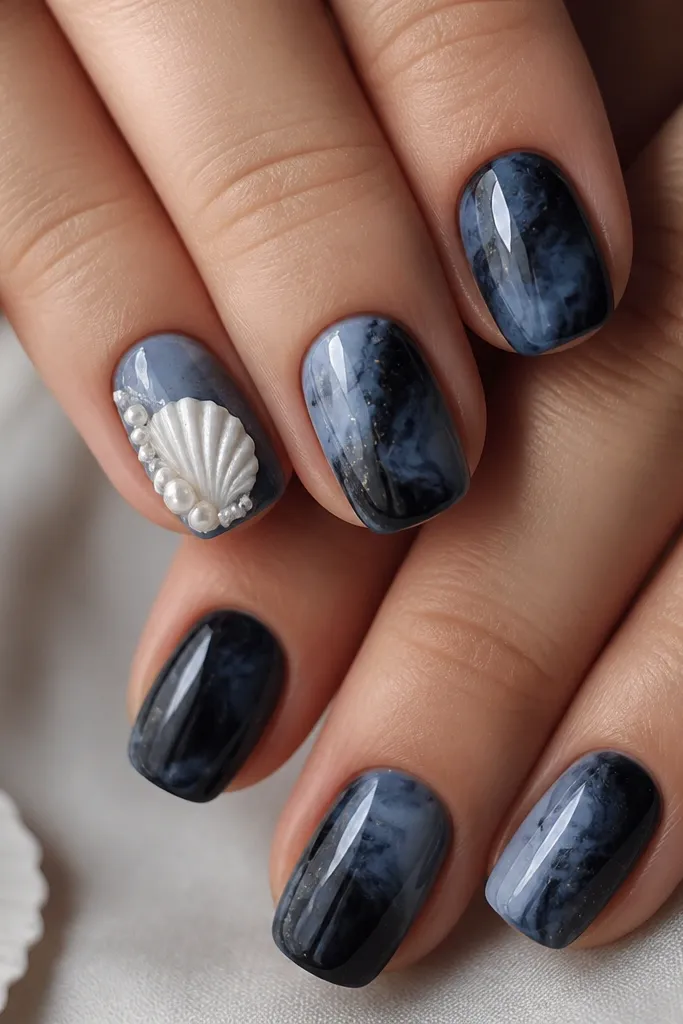 Short squoval nails with a smoky black-to-navy ink wash background. Accent nails have crisp white 3D shells and a few tiny pearl beads along the shell rim.