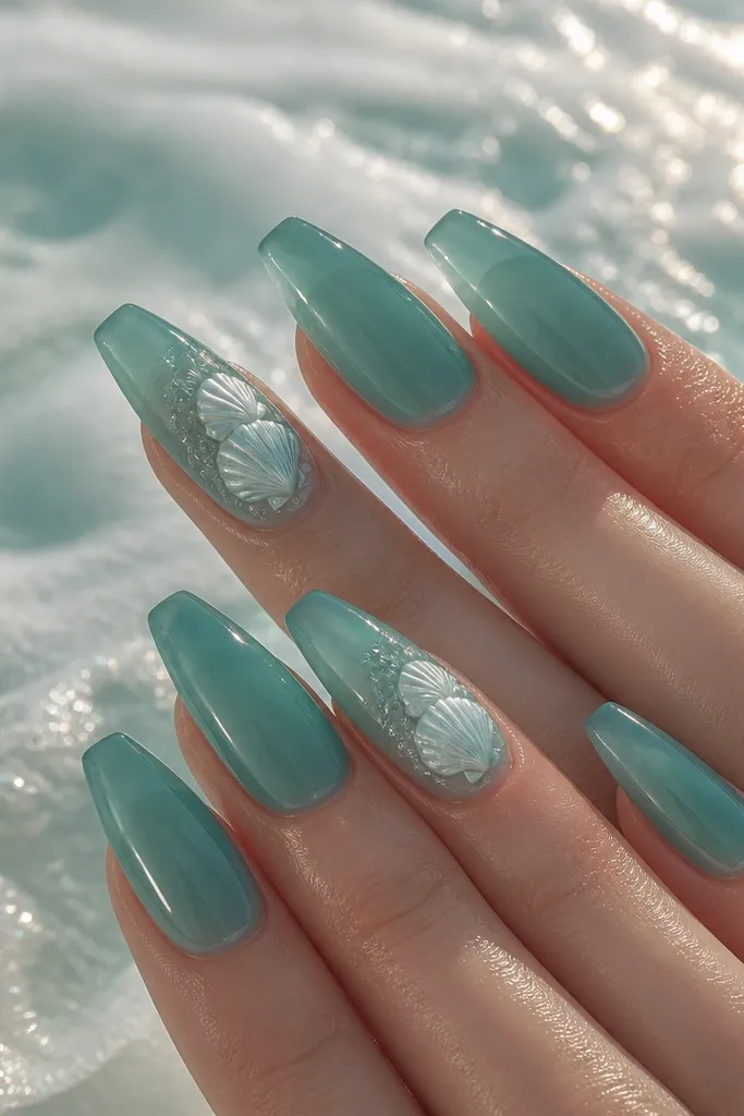 Medium coffin nails in translucent green-teal jelly. Accent nails show raised shells in pale white with tiny jelly "bubble" beads around them. The background has a soft shimmer like sea foam.