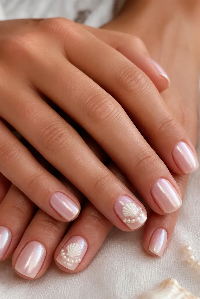 Short squoval nails in soft pink with a champagne pearl sheen. Accent nails have raised champagne pearl seashells and a delicate line of pearl dots near the tip.
