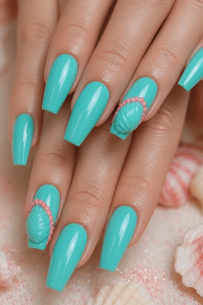 Coffin nails painted turquoise with a glossy finish. Accent nails have 3D turquoise shells with a hot pink coral rim around the shell openings. The background includes faint coral micro glitter.