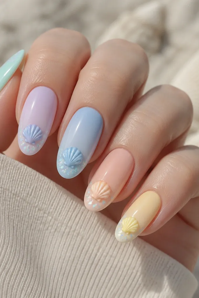 Five nails each have a different pastel gradient: mint, lavender, baby blue, peach, and pale yellow. Every nail has a small 3D shell set near the tip. Shells are white with matching pastel accents and tiny iridescent flakes.