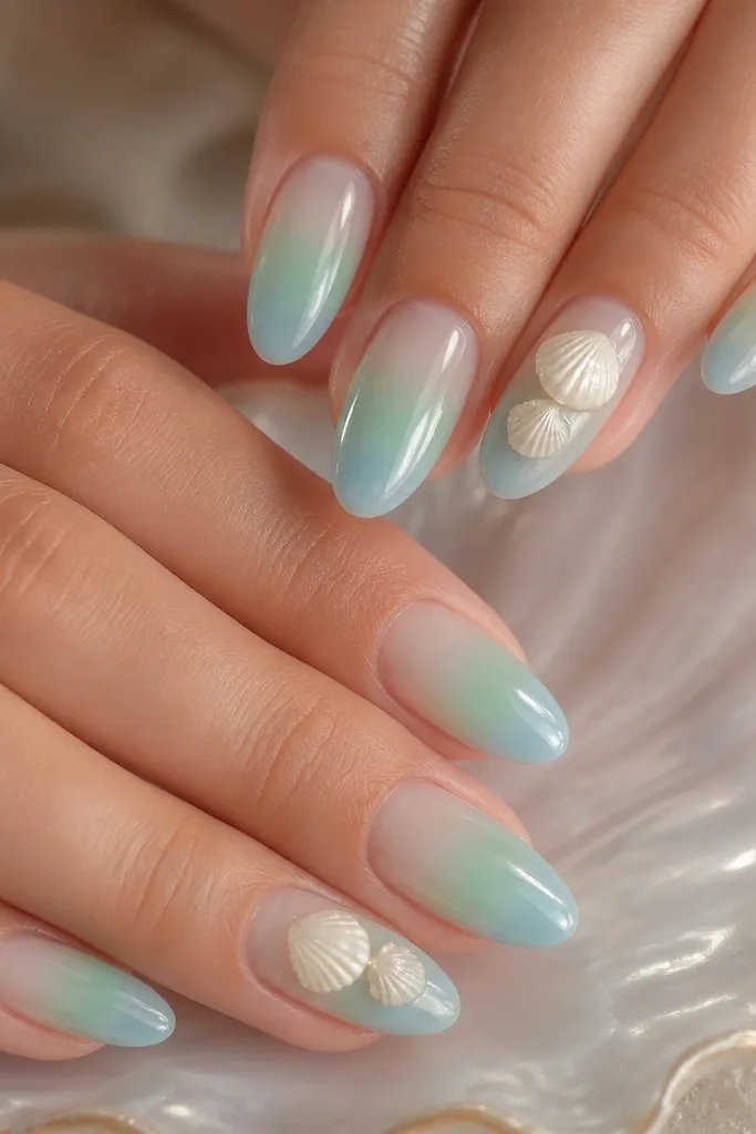 Medium almond nails in sea-glass ombre from clear mint at the cuticle to seafoam and pale blue at the tips. Accent nails have a stacked look: two mini shells layered with one slightly higher. The background shows a soft pearly shimmer.